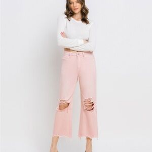 Vervet flare high rise crop pink distressed wide leg jeans Size 32